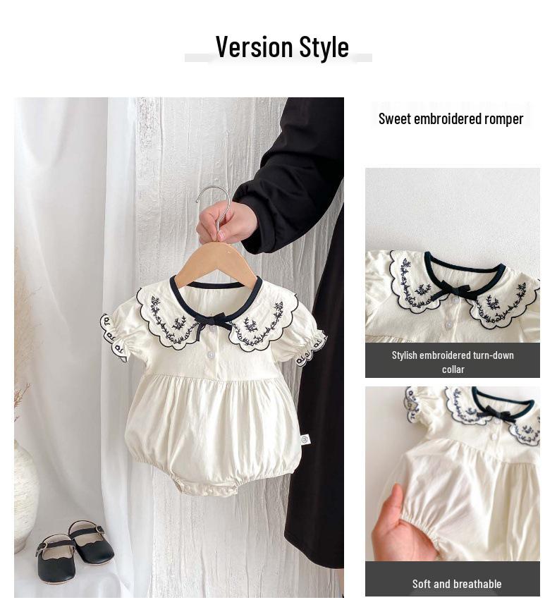 Embroidered Summer Romper with Turn-Down Collar and Bow for Newborn Girls