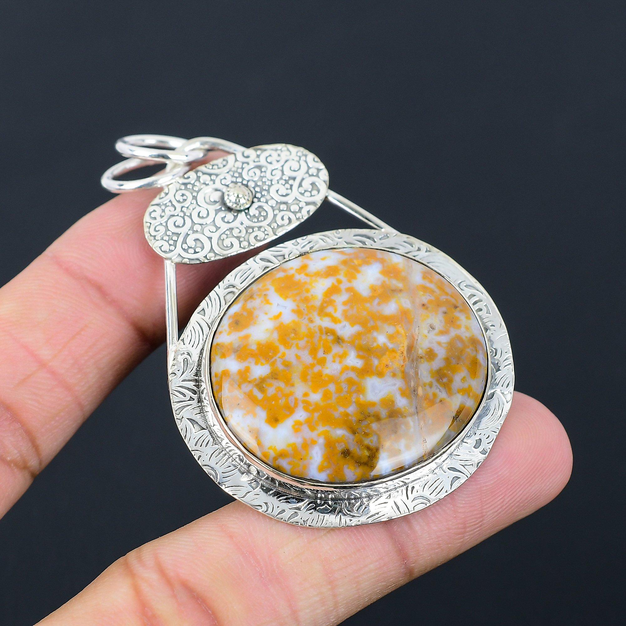 Friendship Day Deal Round Natural Plume Agate Sister Pendant 925 Sterling Silver