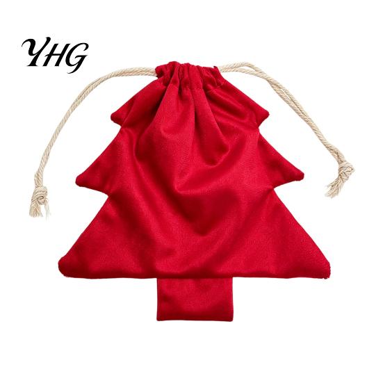 Reusable Fabric Gift Wraps Christmas Tree Shaped Bag, Drawstring Treat Goody Bags with Pompoms Pendants Bells, Winter Present Wrapping Sack