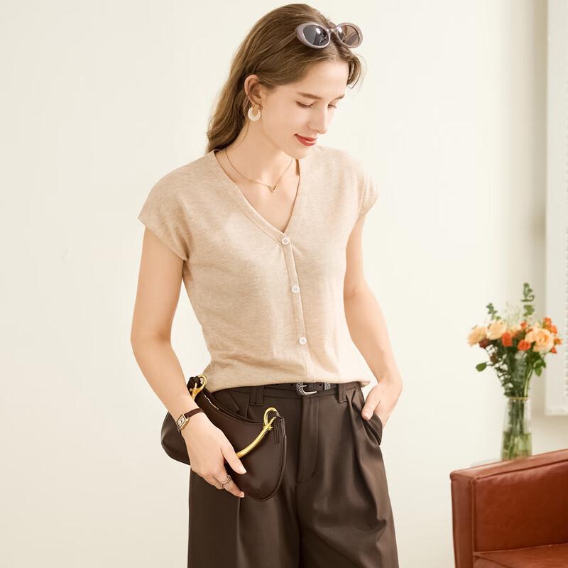 Tuhuang Women's Faux V-Neck Short Sleeve Wool Blend Knit Top