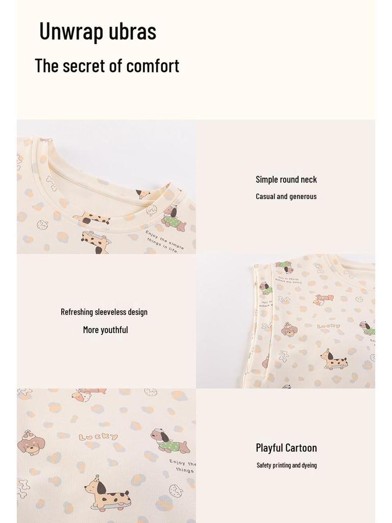 Women's 100% Cotton Summer Pajama Set - Sleeveless Tank & Shorts with Cute Cartoon Design and Chest Pads