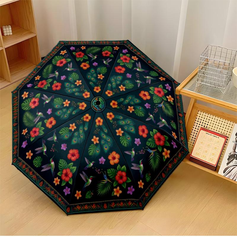 

Tropical Flowers and Hummingbirds Printed umbrella windproof folding umbrella portable sun and rain umbrella suitable for gifting