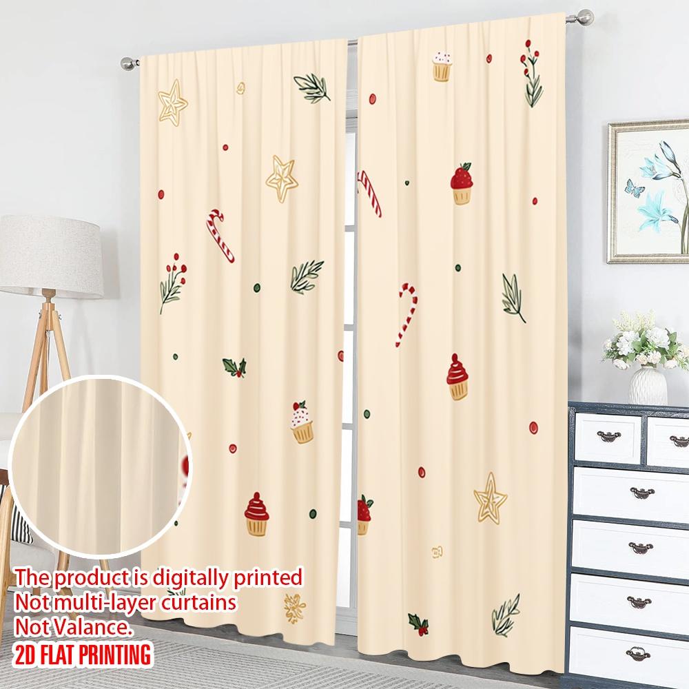 2 Stück 2D Flachdruck Weihnachtsfeier Vorhänge Weihnachtssterne Zuckerstangen Stechpalme Digital bedruckte Polyestervorhänge Party &
