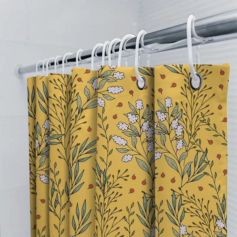 Floral Shower Curtain Decorative Bath Mat Pvc Waterproof Bathroom Decor Wall Hanging Printed Water Splatter Resistant Yellow Wit