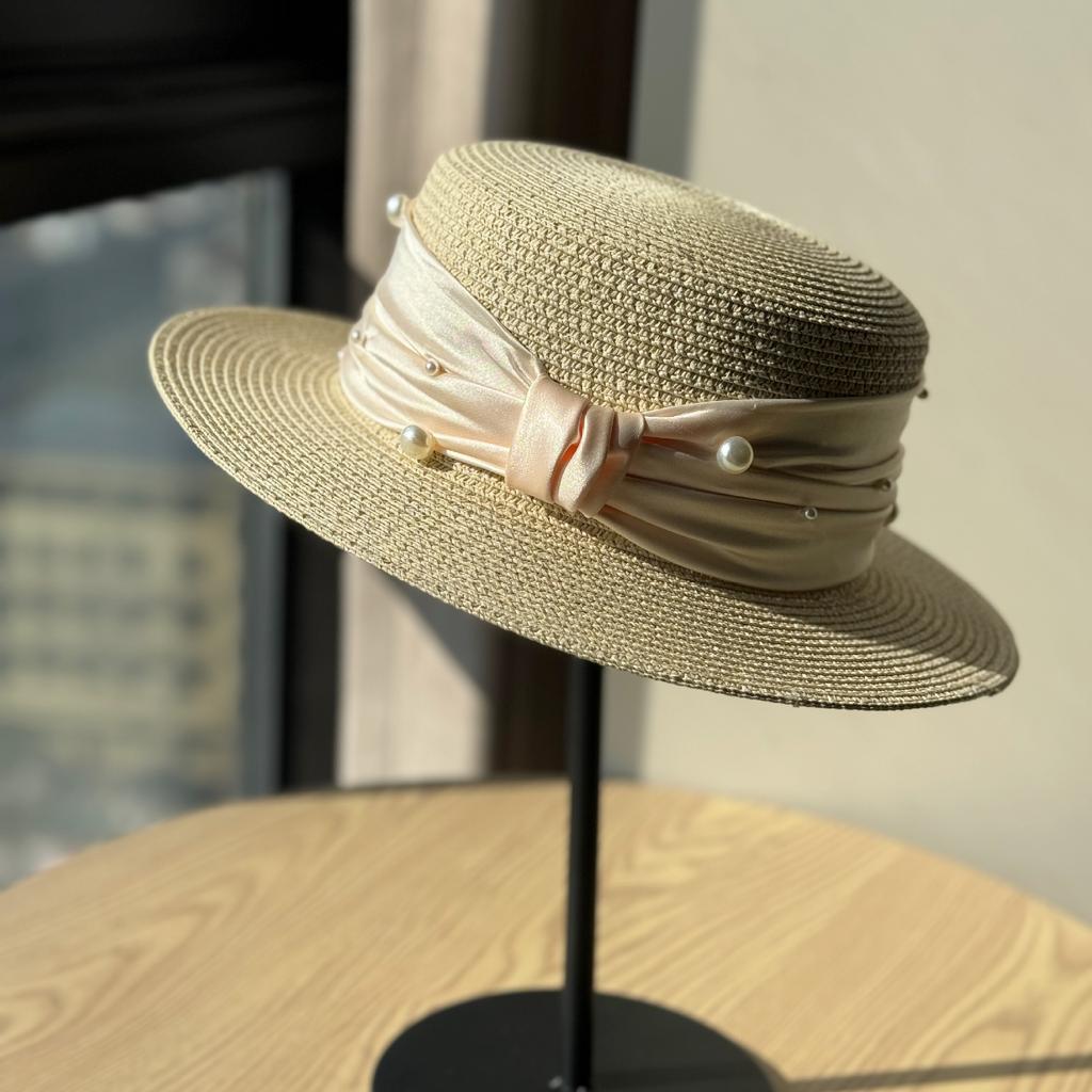 Retro French Pearl Flat Top Top Hat Women's Spring and Summer Travel Sunscreen Sunshade Straw Hat