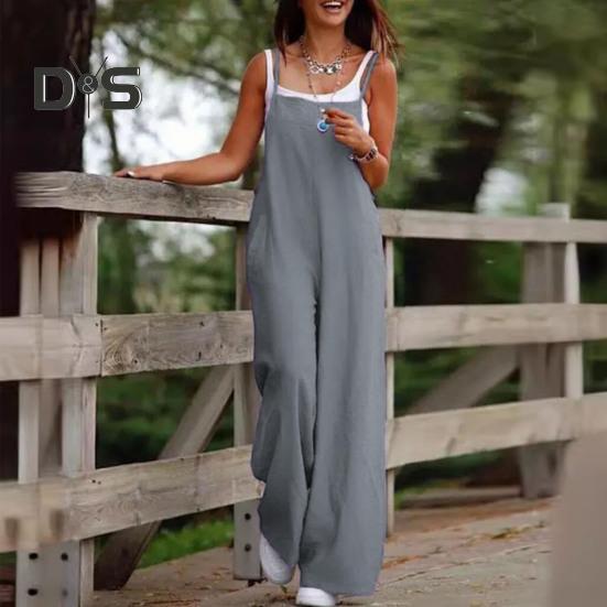 Damen-Jumpsuit, kragenlos, Spaghettiträger, rückenfrei, ärmellos, locker, weites Bein, volle Länge, Overall, lässiges Alltagsoutfit