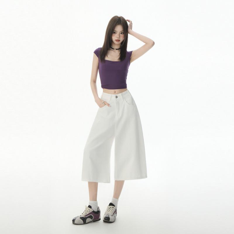 Women's American Retro High Waist Seven-Point Denim Shorts - Spring/Summer 2026, Slimming Wide-Leg Mid-Length Design.