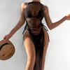 New Solid Color Split Mesh Blouse Beach Skirt Bikini Perspective Sexy Swimsuit Women