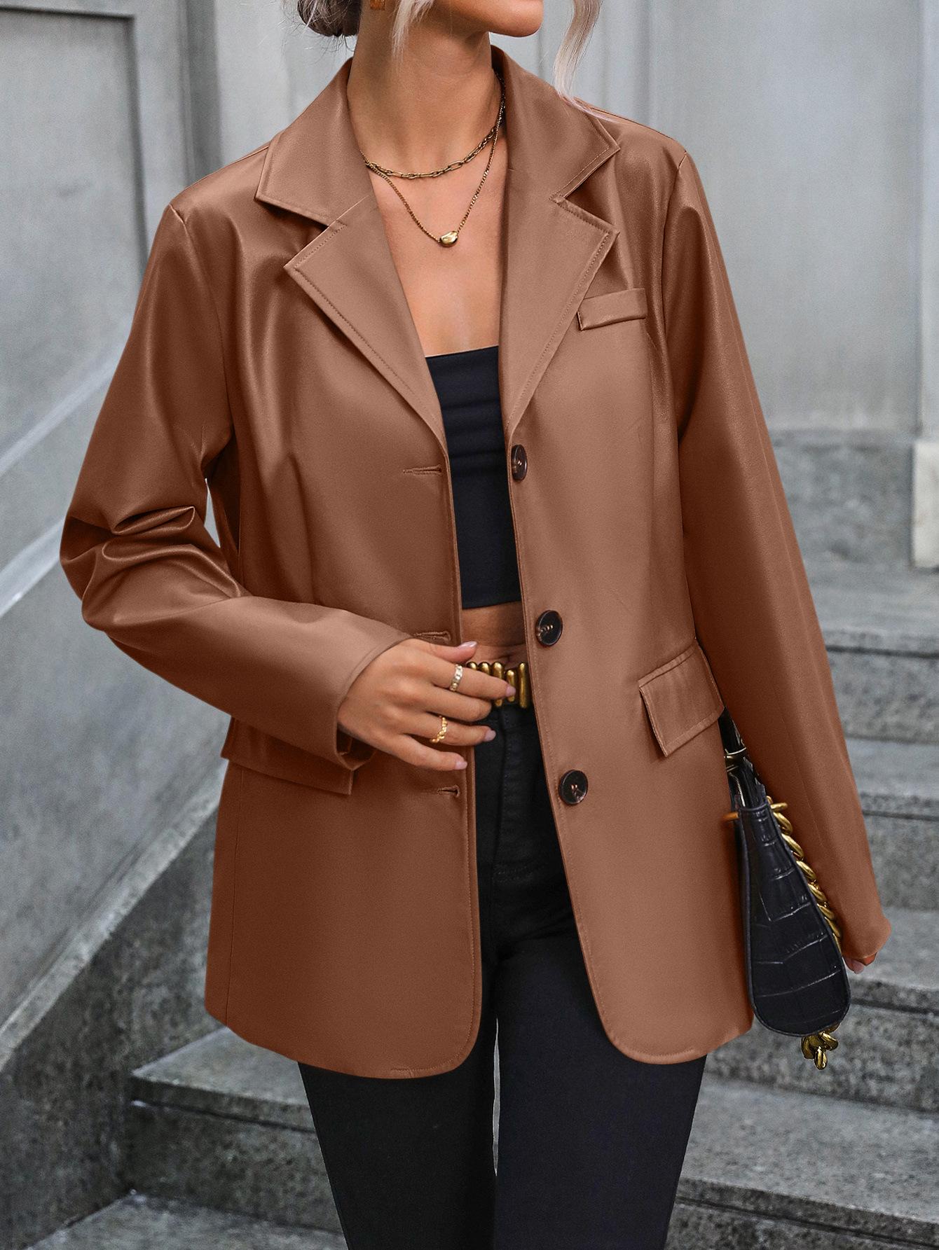 

Women s PU locomotive leather jacket, single-breasted blazer top, women s S коричневый