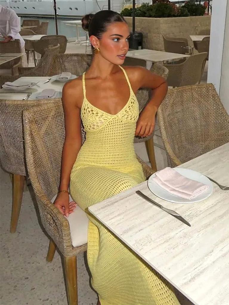 Damen Sexy Strick Cut-Out Kleid, V-Ausschnitt, Spaghettiträger, Bodycon, Urlaub, Y2k, Strick-Halter, Maxi, Sommer, K32