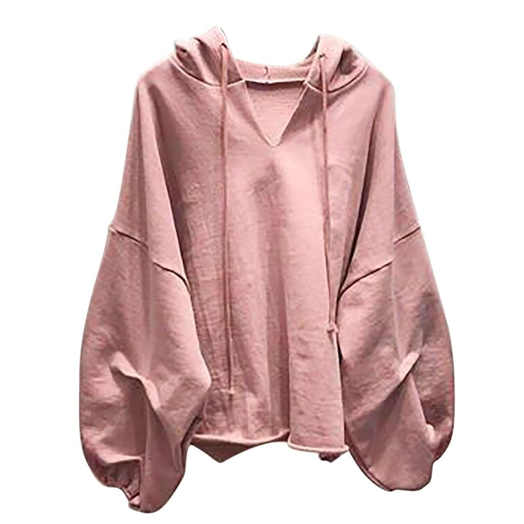 Women's Fashion Casual Solid Color V-Neck Hooded  Loose Long Sleeve Sweatshirt