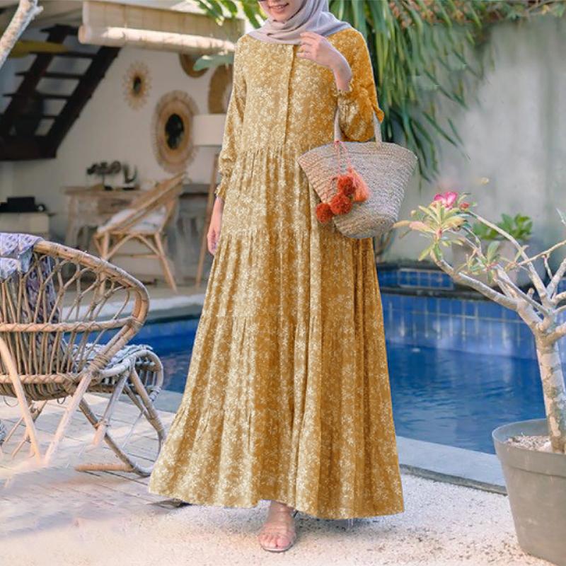 ZANZEA Women Floral Print Loose Casual Round Neck Long Sleeve Dress