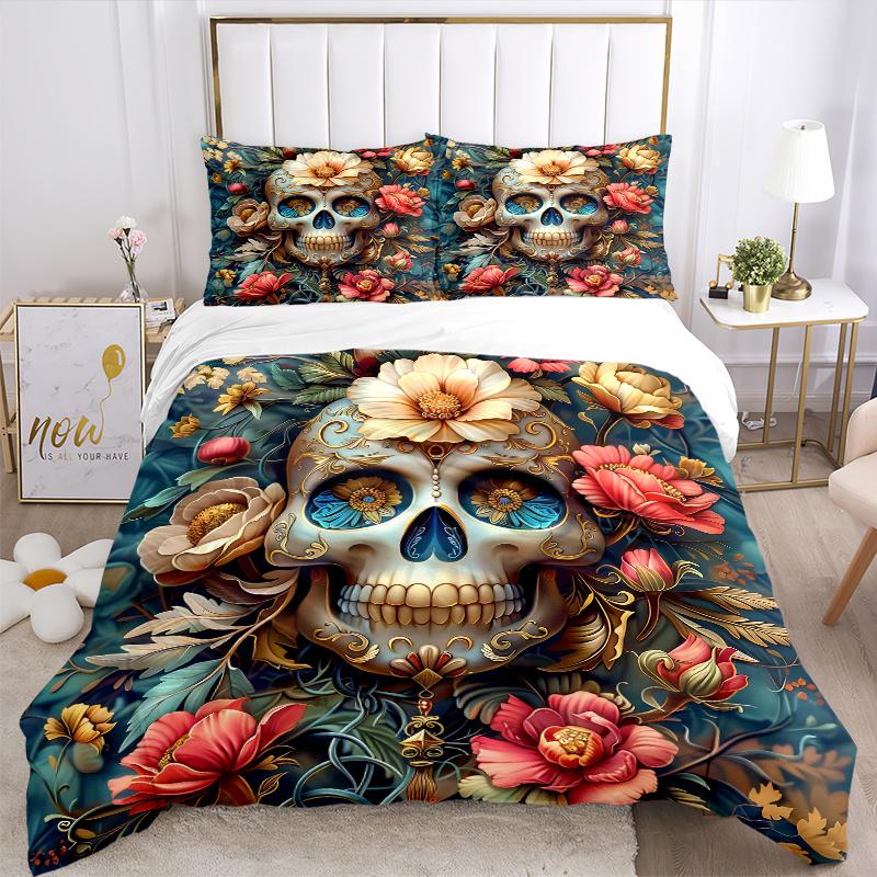 3pcs Day of the Dead Design Bedding Set - 1 Soft Quilt Cover + 2 Pillowcases, Machine Washable - Suitable for All Seasons, Perfect Gift for
