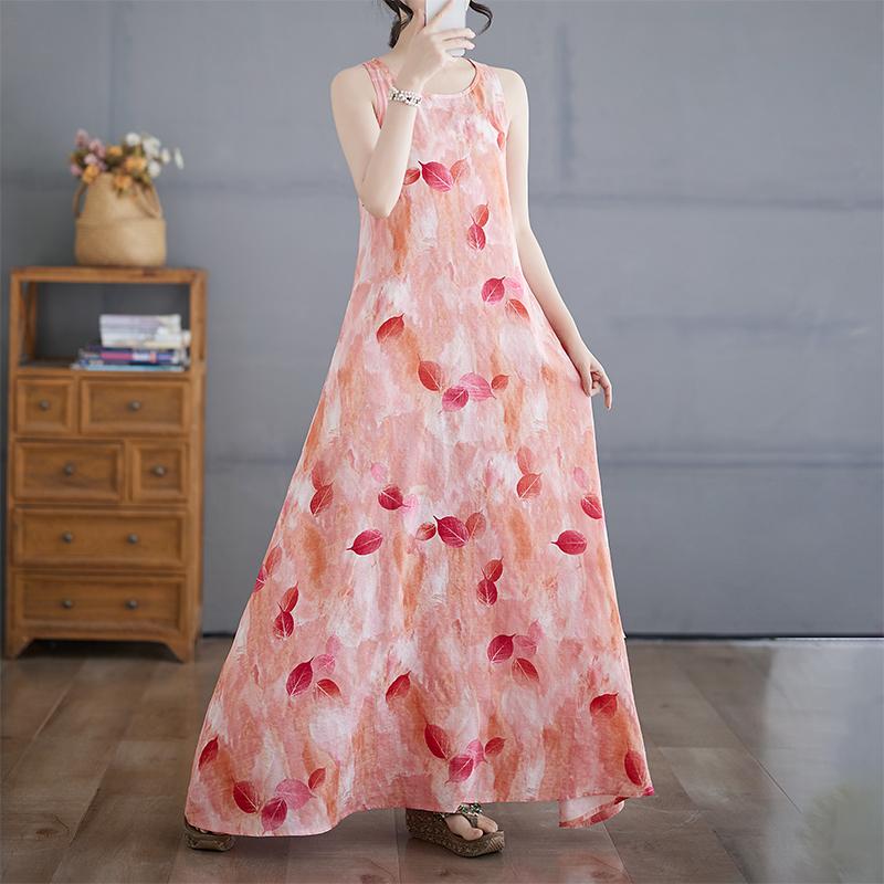Dimanaf 2025 Women Linen Summer Flower Print Dress Casual Ladies Basic Long Dress 8088