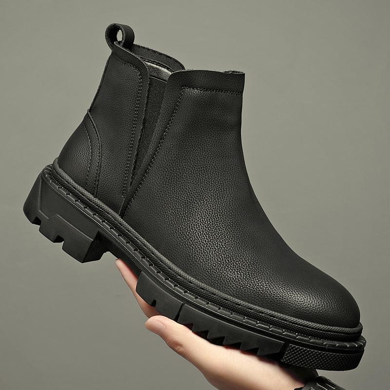 

Glove boots trendy men s pure black mid-top shoes men s high-top leather shoes heightening Chelsea boots men s short boots leather boots 38