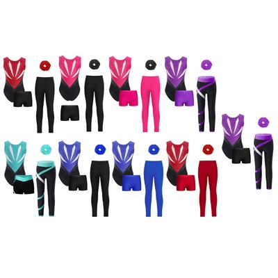 4cs/Set Kids Girls Gymnastics Outfit Sleeveless Bowknot Cutout Back Sparkly Rhinestones Color Block Patchwork Leotard with Shorts Leggings Hair Band