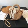 Bolsa de Palha Feminina Bolsa de Mão Tecida à Mão Formato Lua Laço de Renda Bolsa de Rattan Grande Capacidade Cordão Casual Praia Ombro Transversal