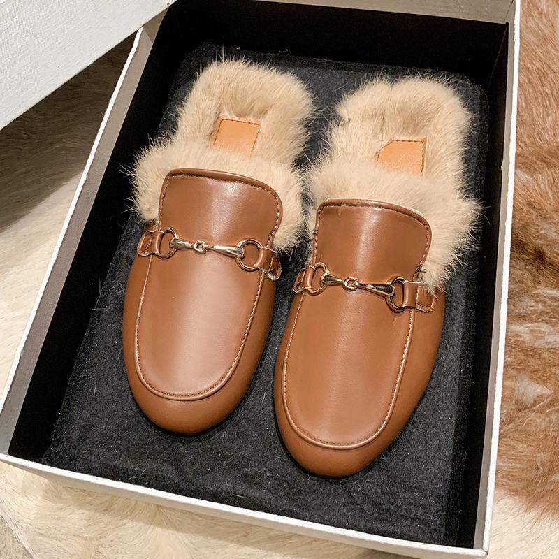 Autumn/Winter 2025 Women's Fuzzy Mule Slippers with Chunky Heels and Round-Toe Design
