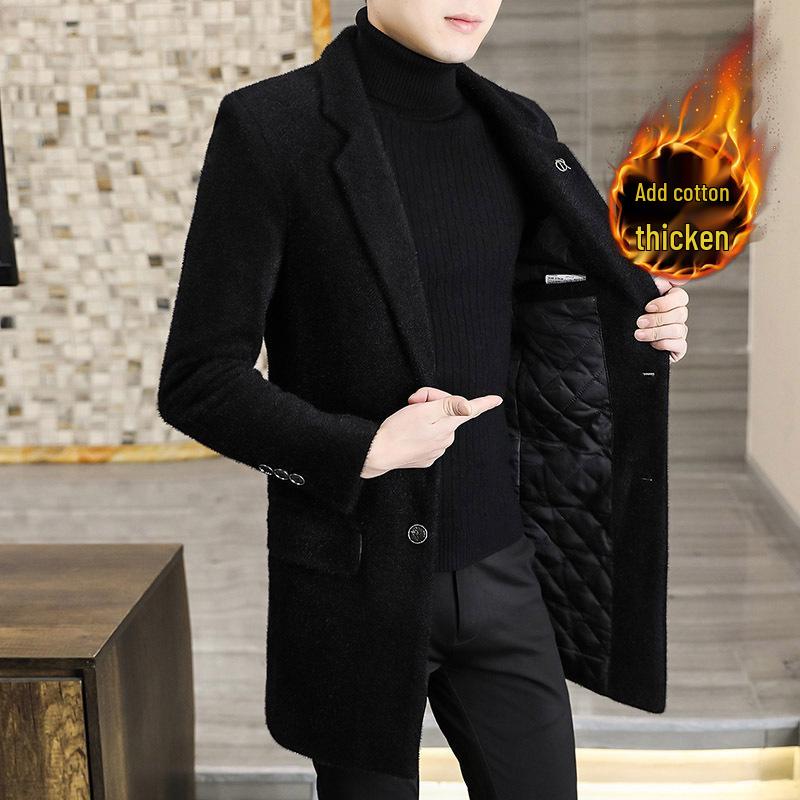 Men's Mid-Length Woolen Trench Coat - Gold Sable Velvet, Thickened, Winter Lapel Style