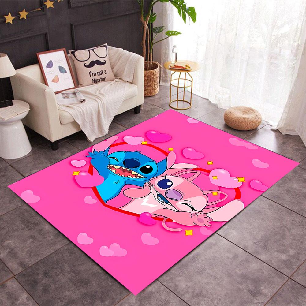 Stitch Adventure In Flowers Disney Cartoon Theme Anti-Slip Rug - Polyester, Home Decor, Suitable for Bedrooms, Living Rooms, Doorways, and Studios