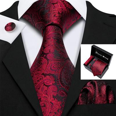 Cool Paisley Kravat Mendil Kol Düğmeleri Hediye Kutusu Erkekler için Kırmızı Siyah İpek Barry.Wang Set