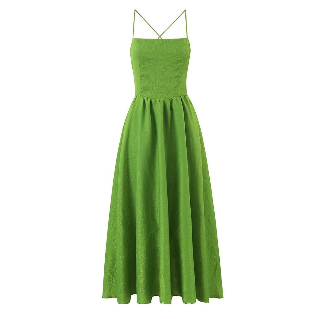French retro seaside vacation style back hollow strap waist thin temperament suspender dress long dress