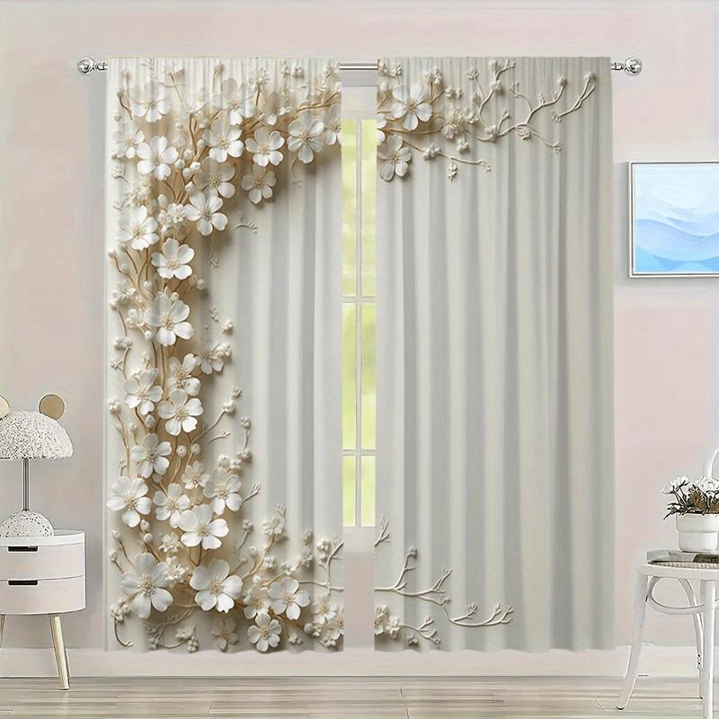 2 Pcs Elegant White Floral Blackout Curtains – for Living Room Bedroom Dining Room   Adding Natural Beauty & Cozy Ambiance