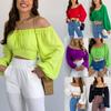 Elastic Collar Solid Color Loose Women Blouse Off Shoulder Lantern Sleeve Pullover Top Club Wear