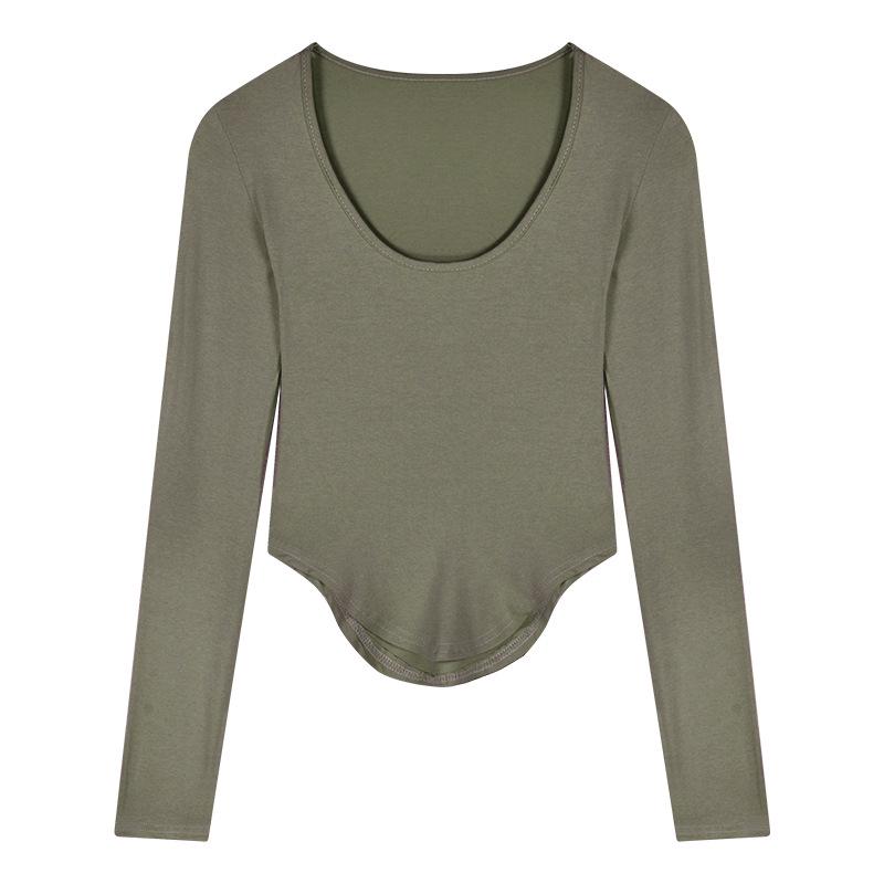 Grünes Damen Langarm Unregelmäßiges Crop Top - Herbstausgabe