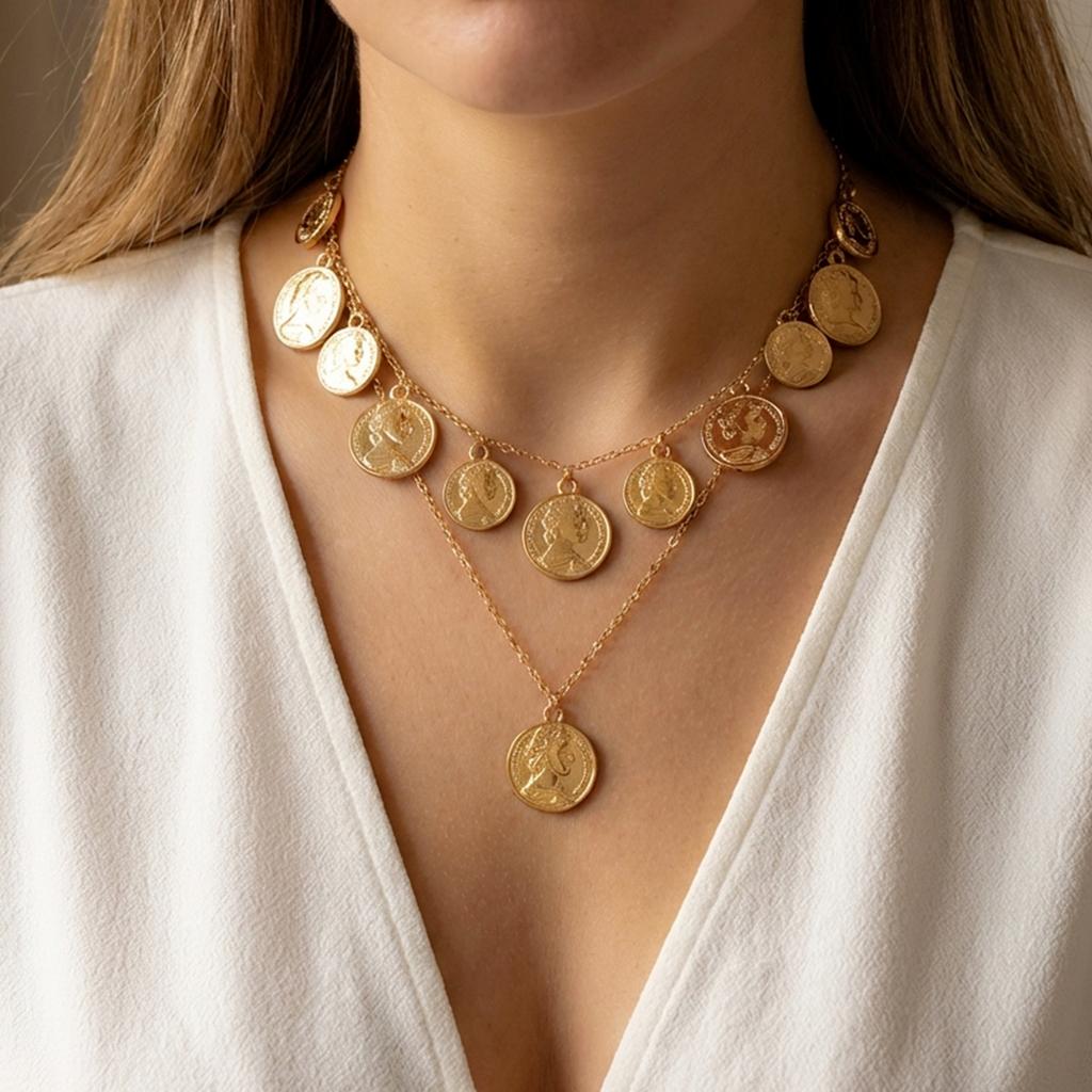 Vintage Portrait Queen Coin Pendant Necklaces for Women Girl Fashion Multi Layer Link Chain Necklaces Friendship Jewelry Gifts