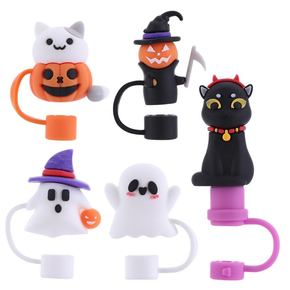 5-1pc Halloween Silicone Straw Covers Dust-Proof Cute Cartoon Straw Caps Funny Tumbler Straw Plugs for Stanle y 30/40 OZ Cups