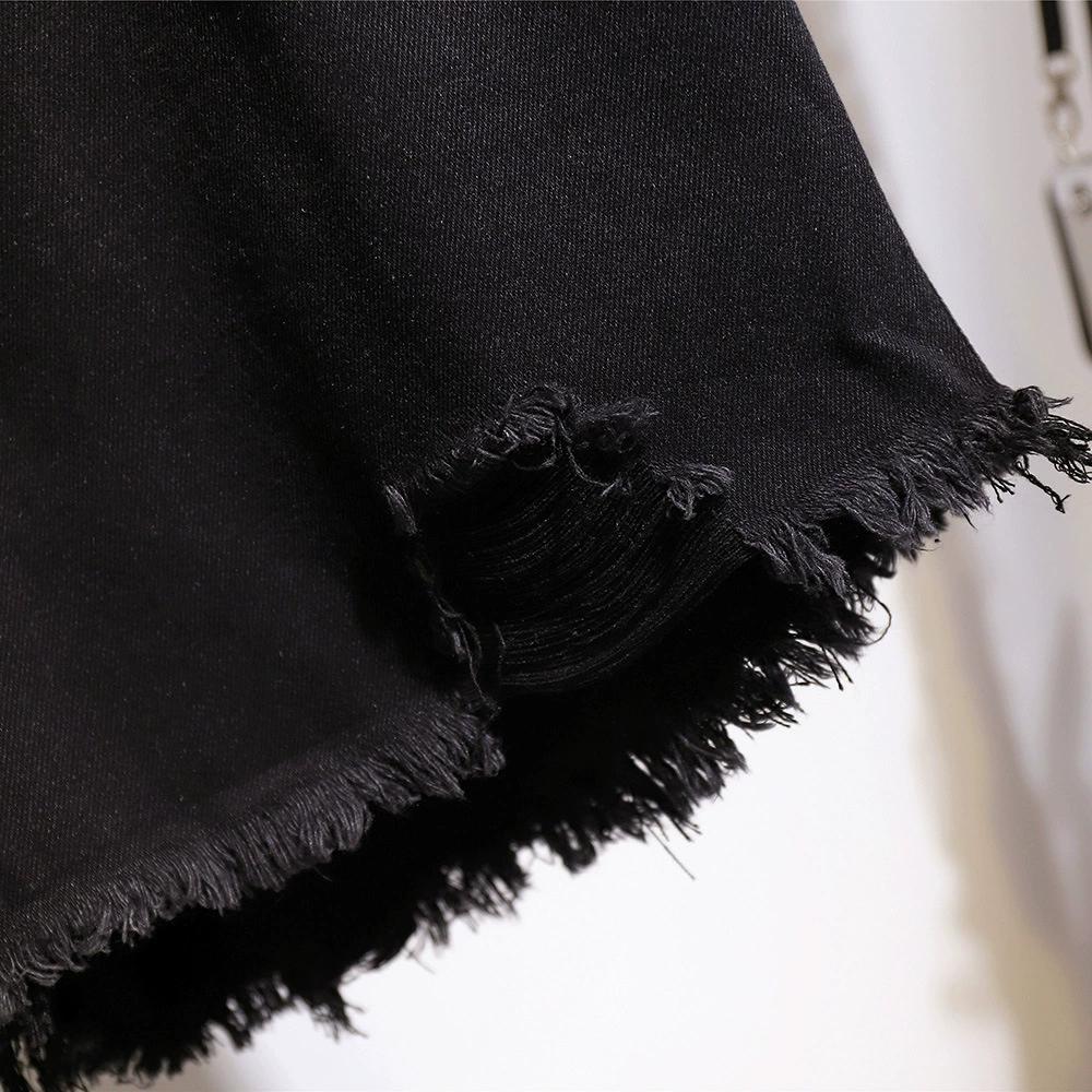 Women's Summer Straight High-waisted Thin Section Denim Shorts Solid Color Loose Holes Raw Edge Pants