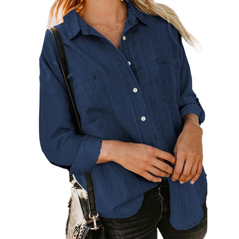 Spring Autumn Women's Denim Blouse Solid Lapel Long Sleeve Shirts Fashion Casual Office Lady Tops
