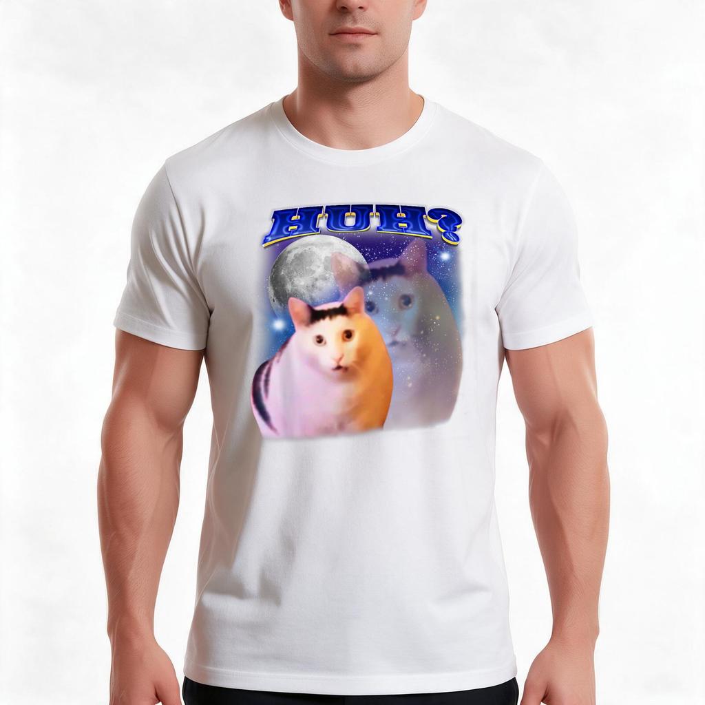 Huh Cat Meme Funny Tshirt Summer Casual Cotton Tee Oversized Streetwear Tops Vintage Graphic Print Loose Fit Short Sleeve