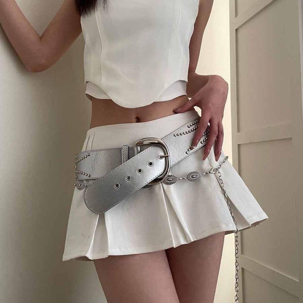 Y2K Wide Belt Silver PU Leather Waistbands Vintage Rivet Waist Belt  Jeans