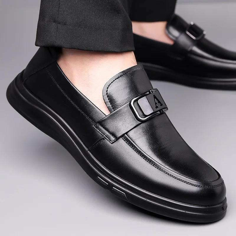 British Cowhide Casual Loafers for Men Spring Autumn Soft-soled Business Men's Dress Shoes Fashion Black Leather Shoes Male