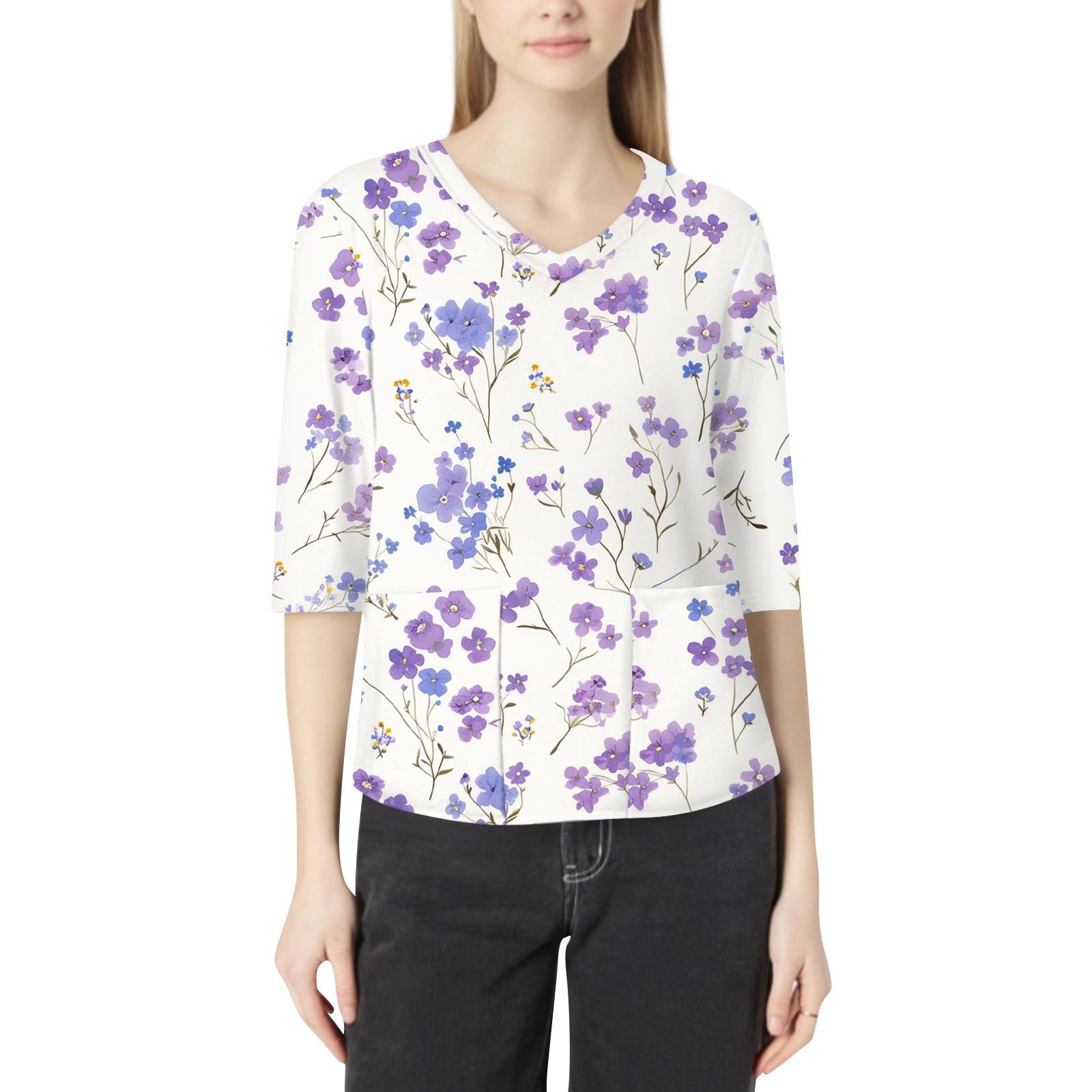 

Модная женская рабочая одежда с v-образным вырезом и рукавами 3/4, свободные топы с карманами и принтом L фиолетовый