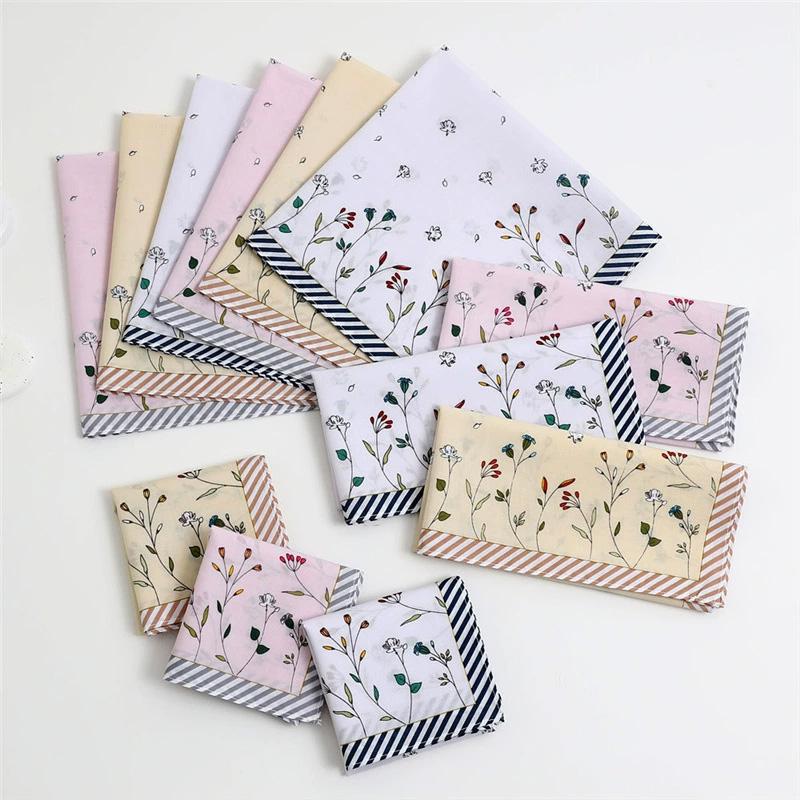 3Pcs Handkerchief Reusable Sweat Bandana Absorbs Water Women Hankies Thin Printing Flower Pure Cotton