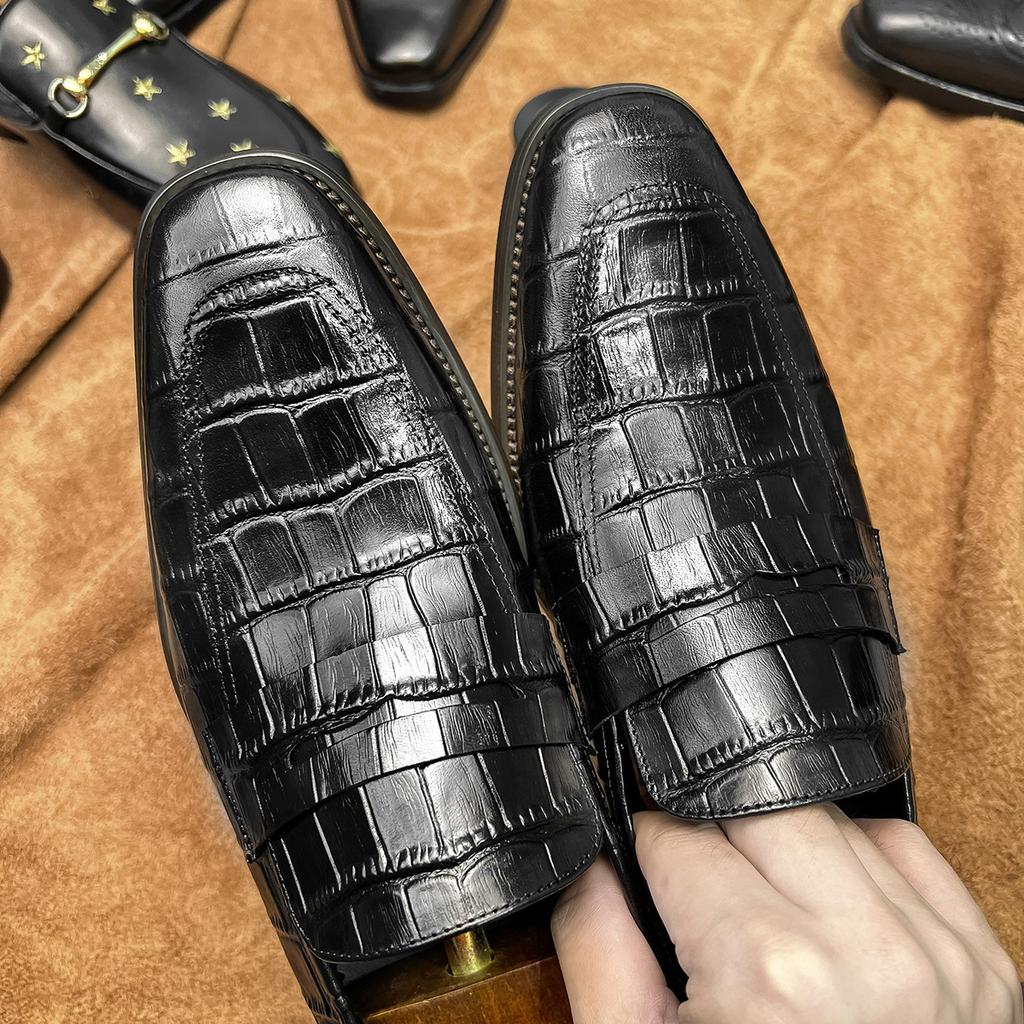 Square head leather shoes men's business casual cowhide men's shoes crocodile pattern