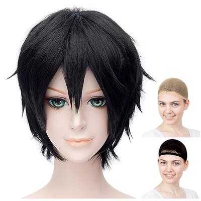 CaseEden Cosplay Wig, Short, 30cm, Heat-Resistant, Black Hair, Includes 2 Wig Nets