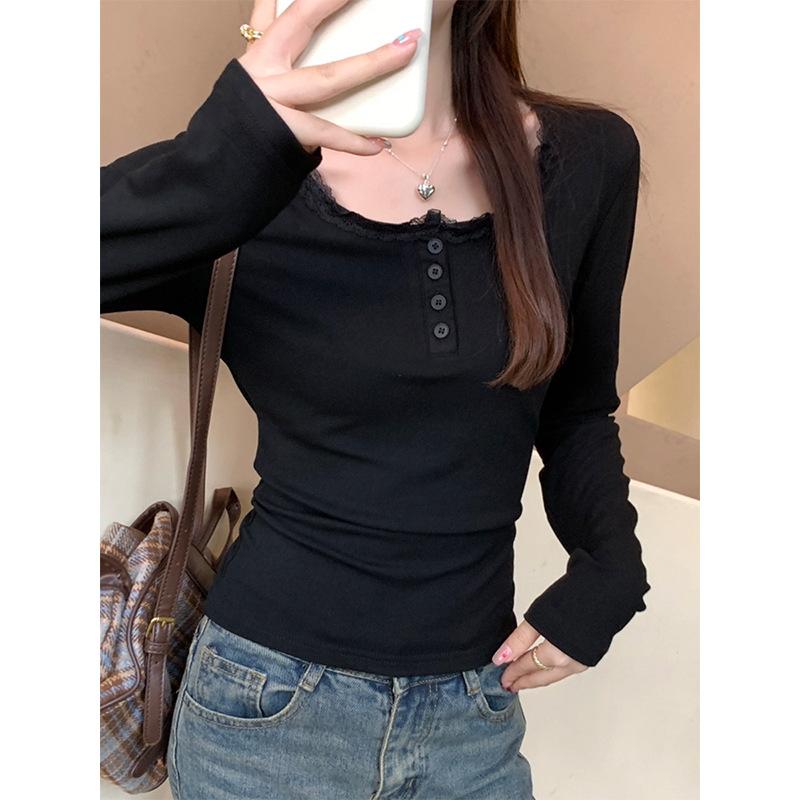 

Осенняя потрясающая кружевная рубашка с отделкой из чистого кружева и бархата для женщин с длинными рукавами и квадратным вырезом на правом плече XL