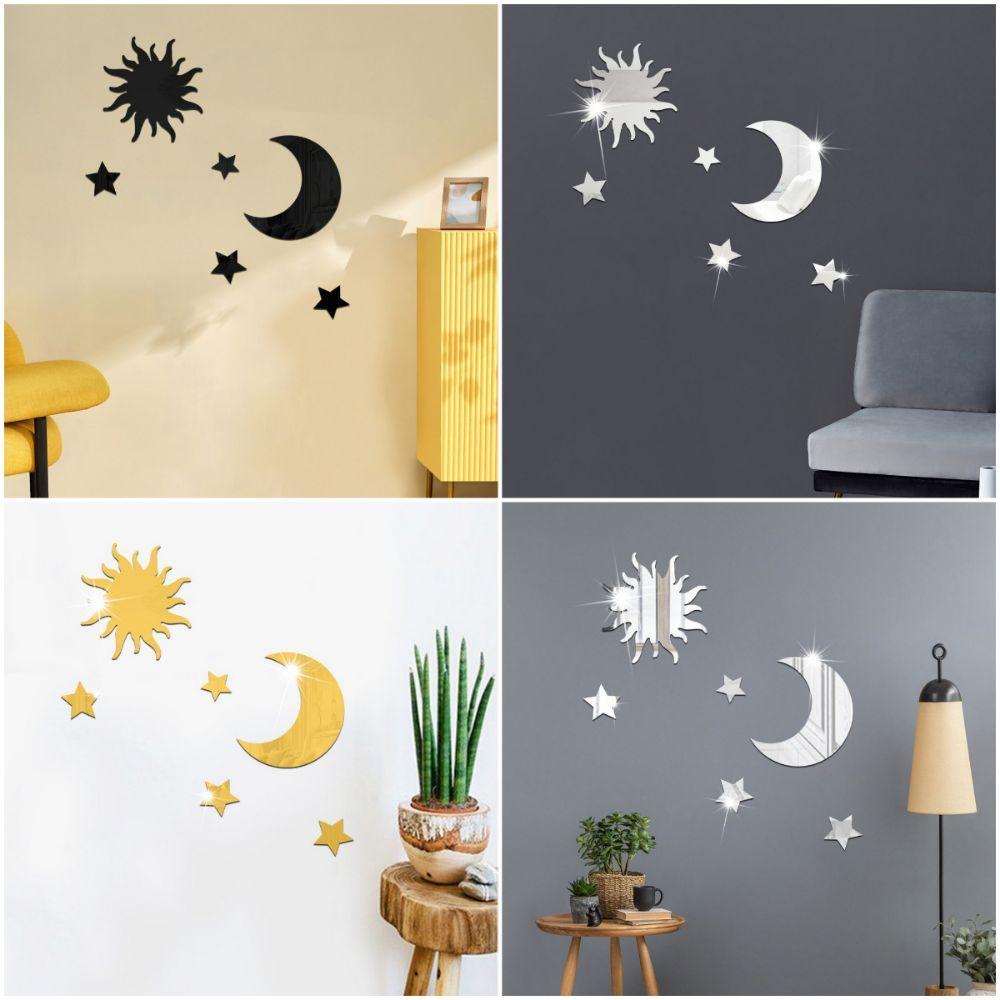 6PCS NEW Gold Silver Gold Mirror Wall Stickers DIY Stereo Decorative Decal Self Adhesive Acrylic Star Moon Decals Bedroom