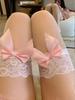 1Pair Sweet Lolita Style Skin Tone Sheer Thigh Highs With Lace & Pink Bows, Soft Skin-Friendly Hosiery For Daily & Date Outfits