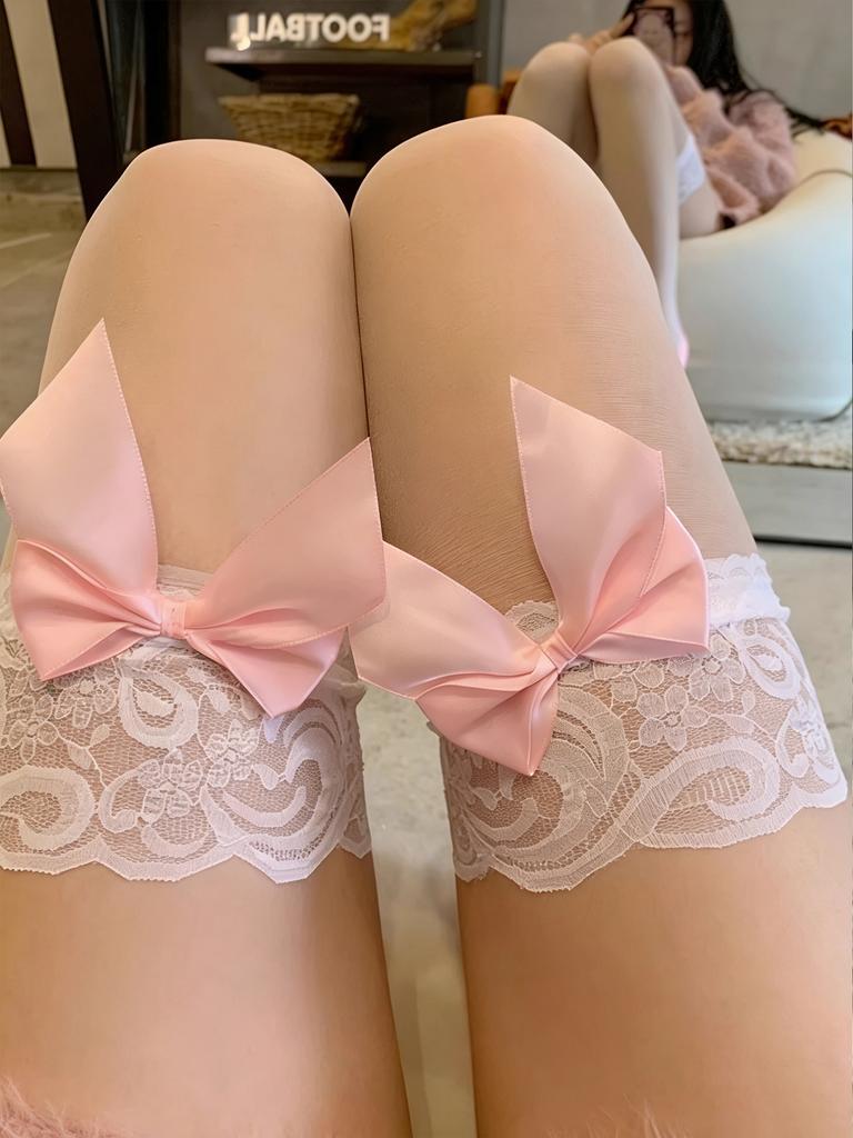 1Pair Sweet Lolita Style Skin Tone Sheer Thigh Highs With Lace & Pink Bows, Soft Skin-Friendly Hosiery For Daily & Date Outfits