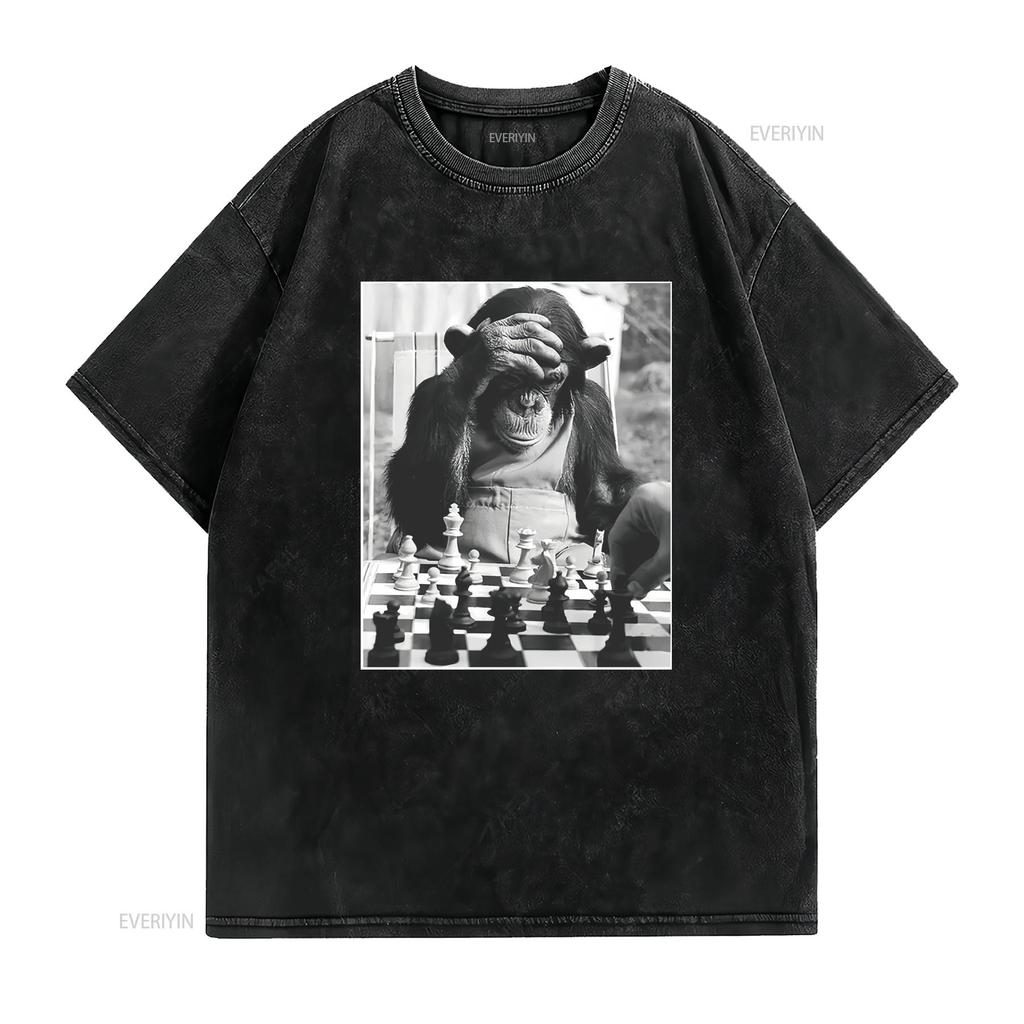 Chimp Playing Chess T Shirt Cool Player Merch For Art Funny vintage Washed Soft Breathable graphic designer clothes homme