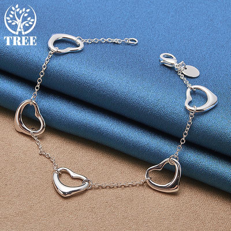 925 Sterling Silver Five Heart Chain Bracelet Jewelry