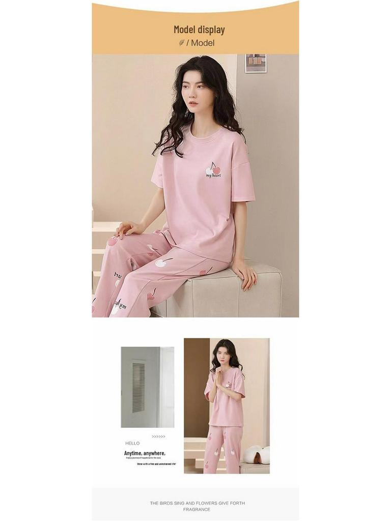 Women's Korean Style Cartoon Pajama Set - Short Sleeve, Long Pants, Plus Size, Casual Homewear