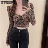 Oberteil mit Leopardenmuster Langarm Slim Fit Kurze Crop-Tops Damen Koreanisch Skinny Slim Unterhemd Babes Nische T-Shirt Y2k Tee