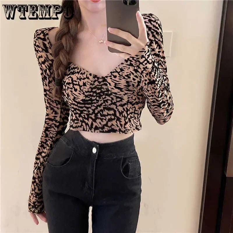 Oberteil mit Leopardenmuster Langarm Slim Fit Kurze Crop-Tops Damen Koreanisch Skinny Slim Unterhemd Babes Nische T-Shirt Y2k Tee