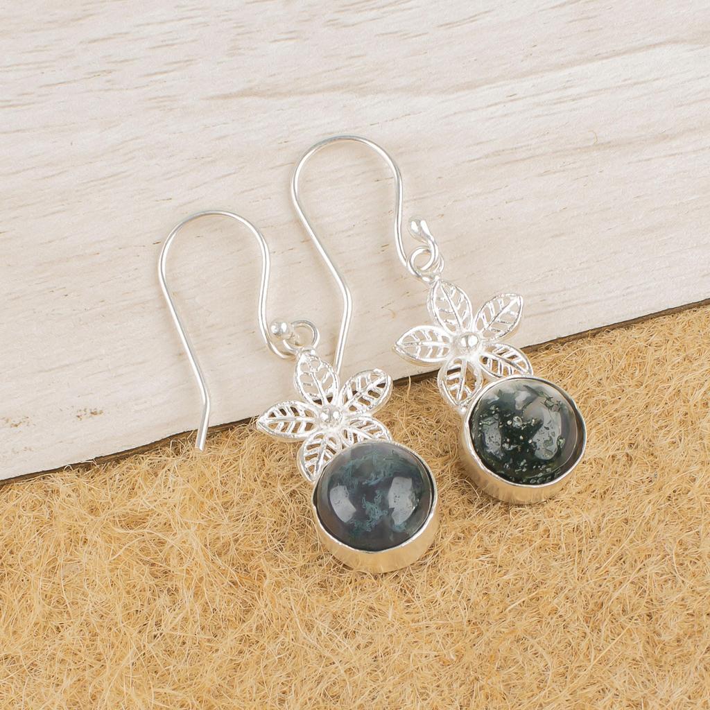 Moss Agate 925 Solid Sterling Silver Earrings, Handmade Gemstone Earrings Jewelry, Gifts For Wife Brand New Earrings